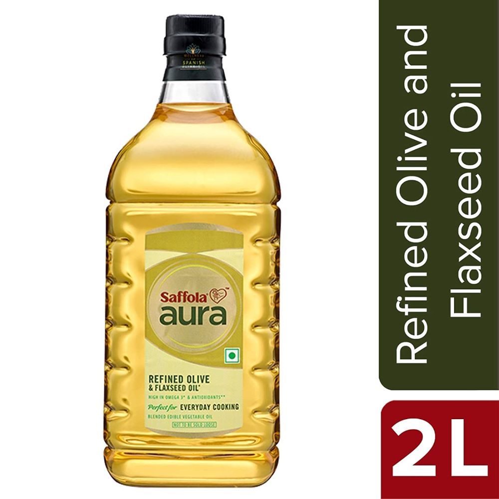 Saffola Aura Refined Olive & Flaxseed Oil 2L Bottle | naturesbasket.co.in