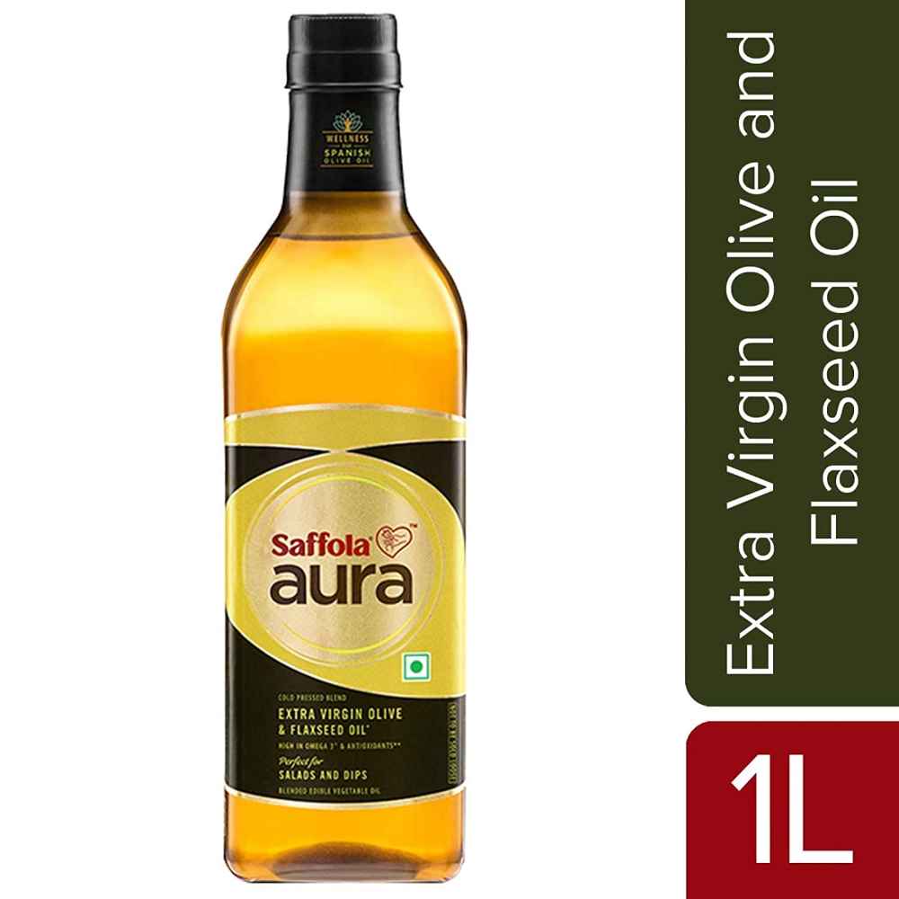 Saffola Aura Extra Virgin Olive Oil 1L Bottle | naturesbasket.co.in