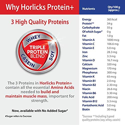 Horlicks Protein Plus Vanilla Protein Drink for Adults, 400g Container, Whey, Soy & Casein Blend - High protein powder