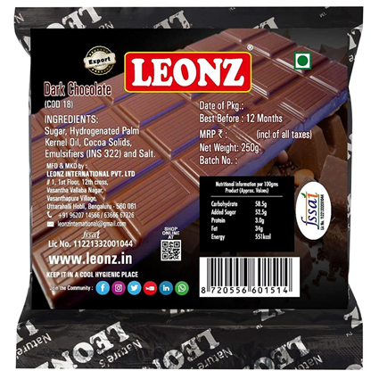 Leonz Dark Sugar Free Choco Bar 250G