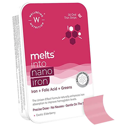 Wellbeing Nutrition Melts Nano Iron Oral Thin Strips Green Plant Based Exotic Elderberry Jar