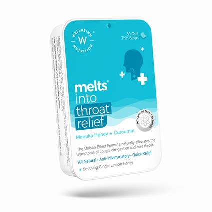 Wellbeing Nutrition Melts Instant Throat Relief Oral Thin Strips - With Soothing Ginger Lemon Honey 30 Pcs