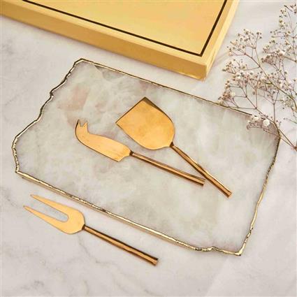 Rose Quartz Cheeseboard & Set Of 3 Cheese Knives