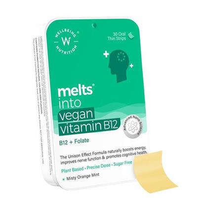 Wellbeing Nutrition Melts Vegan Vitamin B12 Oral Thin Strips - Sugar-Free Misty Orange Mist 30 Pcs