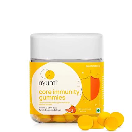 Nyumi Core Immunity Gummies For Healthy Immunity With CURCUMIN EXTRACT, TULSI EXTRACT, VITAMIN C, VITAMIN D3 & ZINC, Tangy Citrus- 50 Gummies