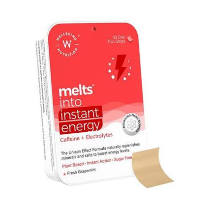 Wellbeing Nutrition Melts Instant Energy 100% Plant Based Green Tea Caffeine Essential Electrolytes And Vitamins For Endurance Sports Hydration Pre Workout Energy Boost Box (Pack Of 30 Strips)