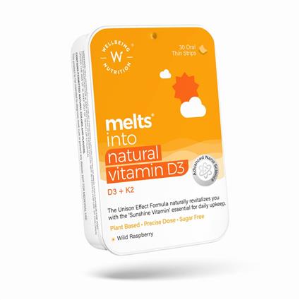 Wellbeing Nutrition Melts Natural Vitamin D3 Oral Thin Strips - With Coconut Oil, Wild Raspberry 30 Pcs